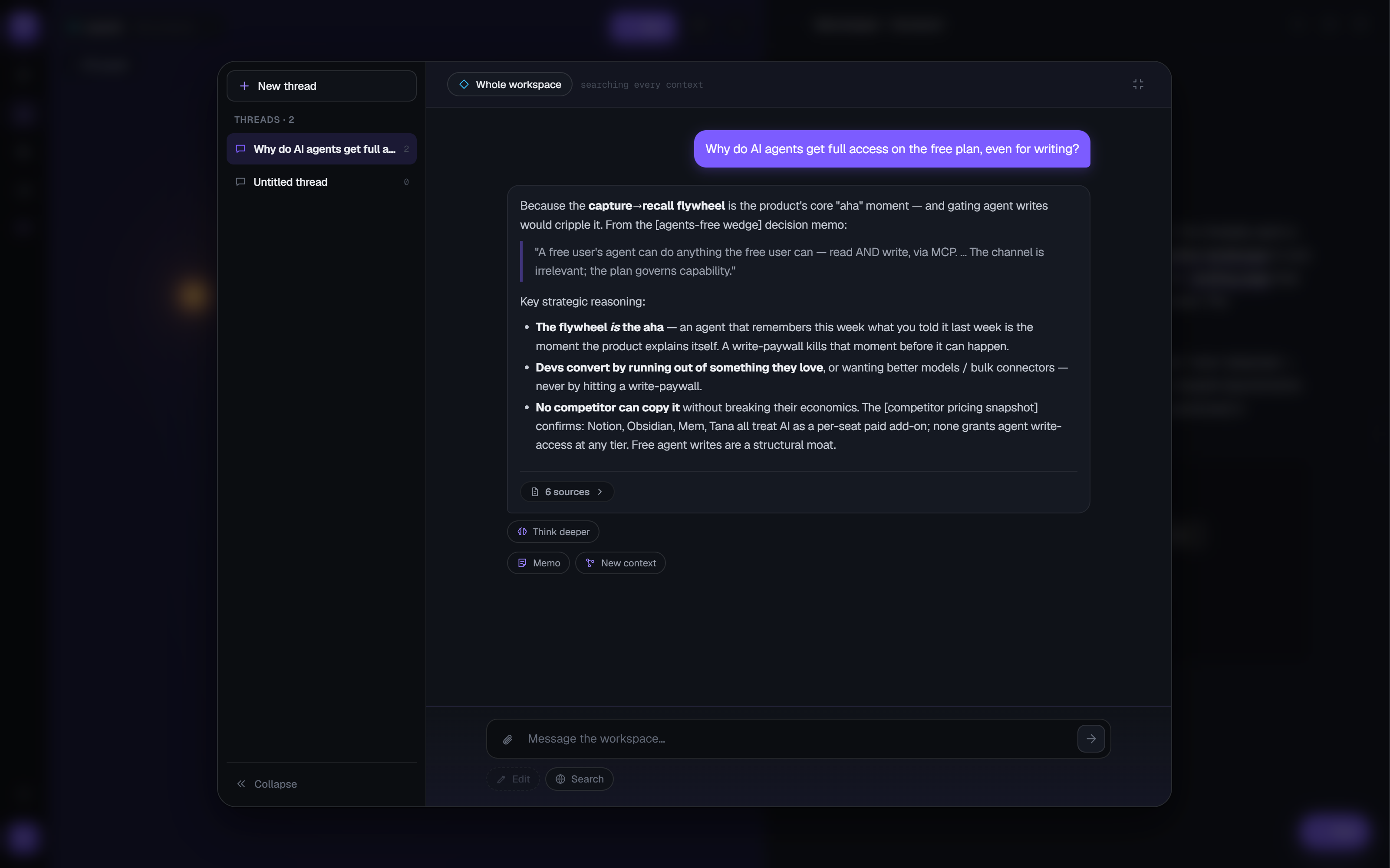 Memohopper's fullscreen chat answering 'Why do AI agents get full access on the free plan?' with a grounded answer quoting a decision memo and a '6 sources' citation chip