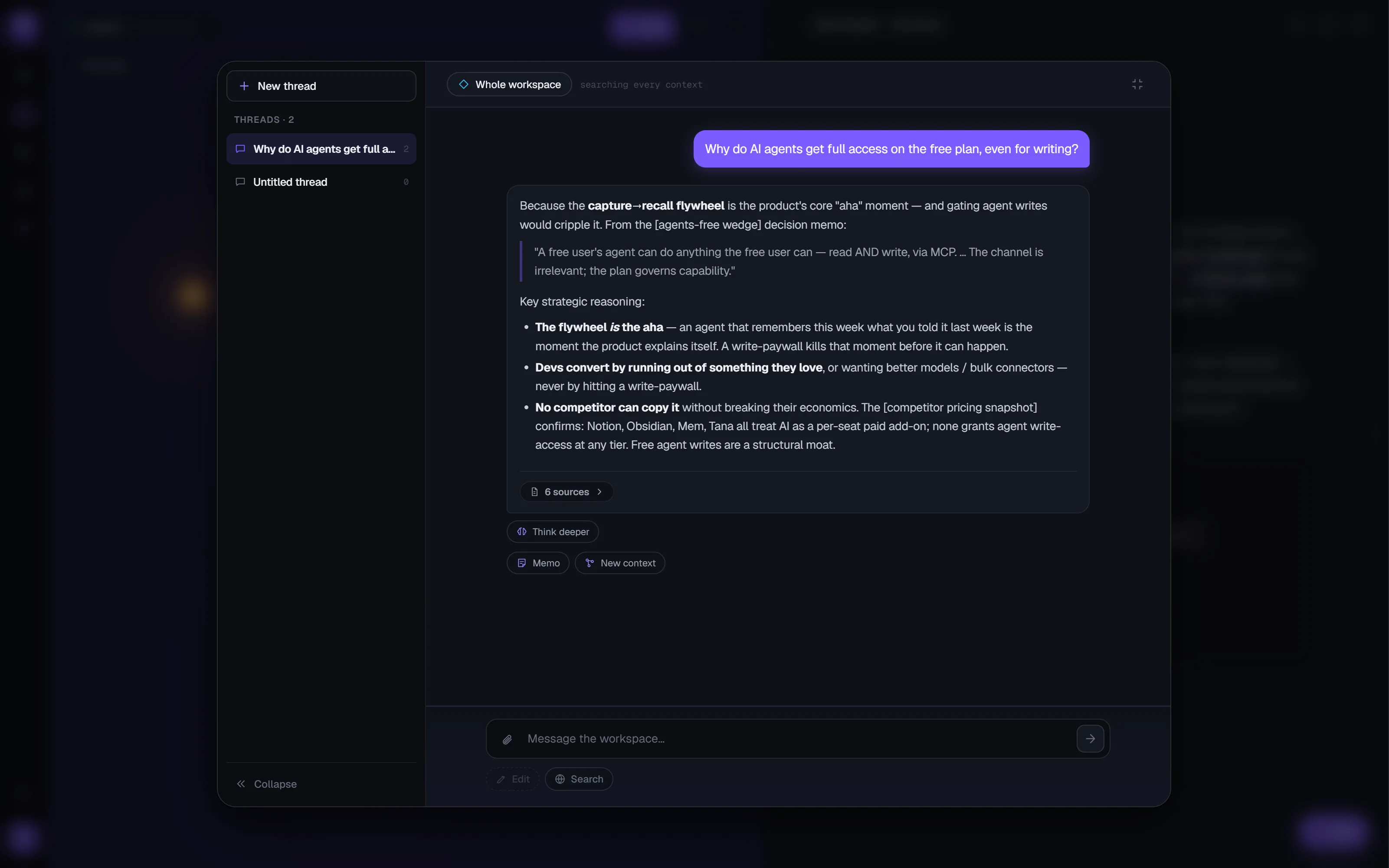 Memohopper's fullscreen chat answering 'Why do AI agents get full access on the free plan?' with a grounded answer quoting a decision memo and a '6 sources' citation chip