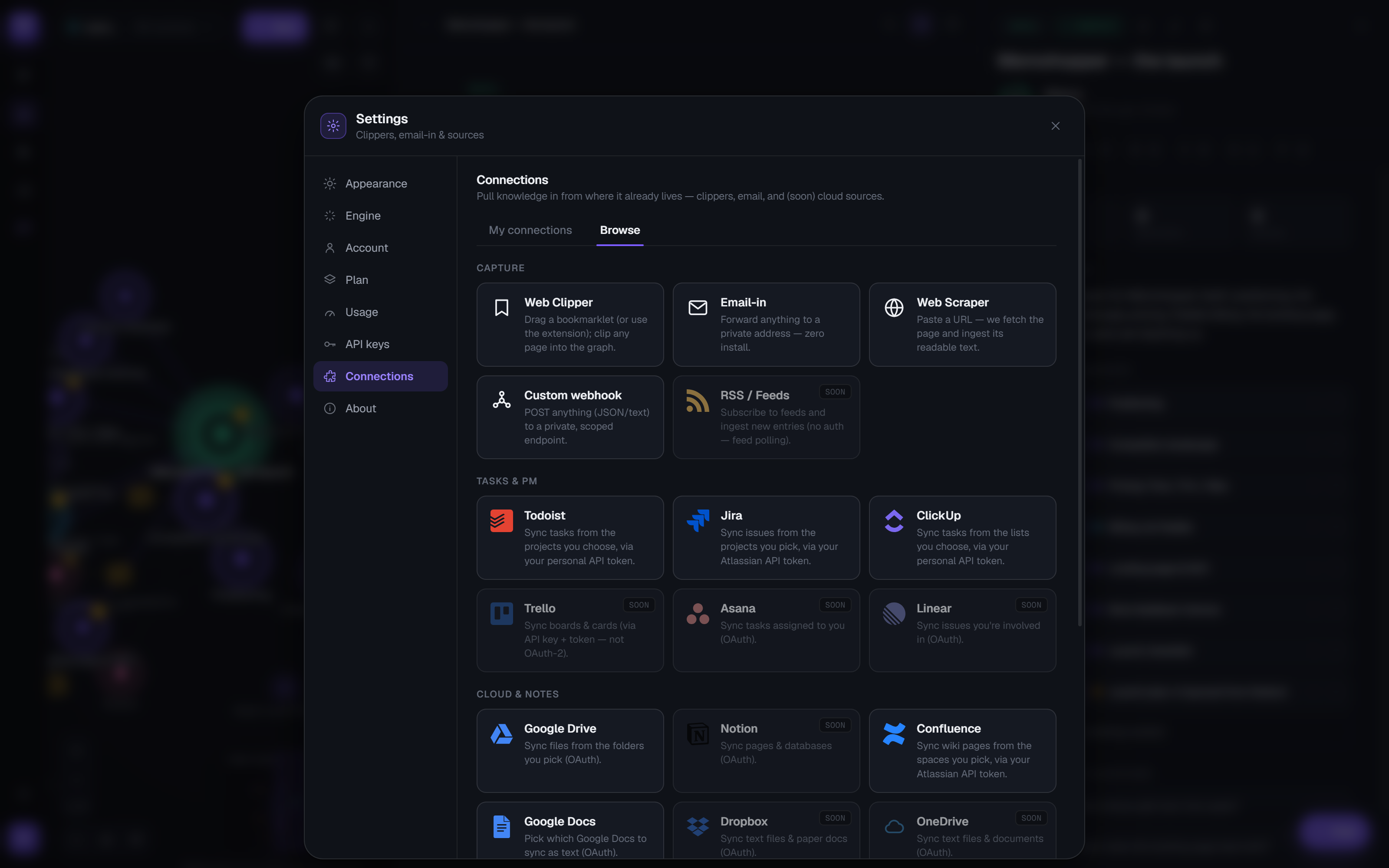 Memohopper's Connections catalog listing capture sources: Web Clipper, Email-in, Web Scraper, Custom webhook, Todoist, Jira, ClickUp, Google Drive, Confluence, Google Docs, and more