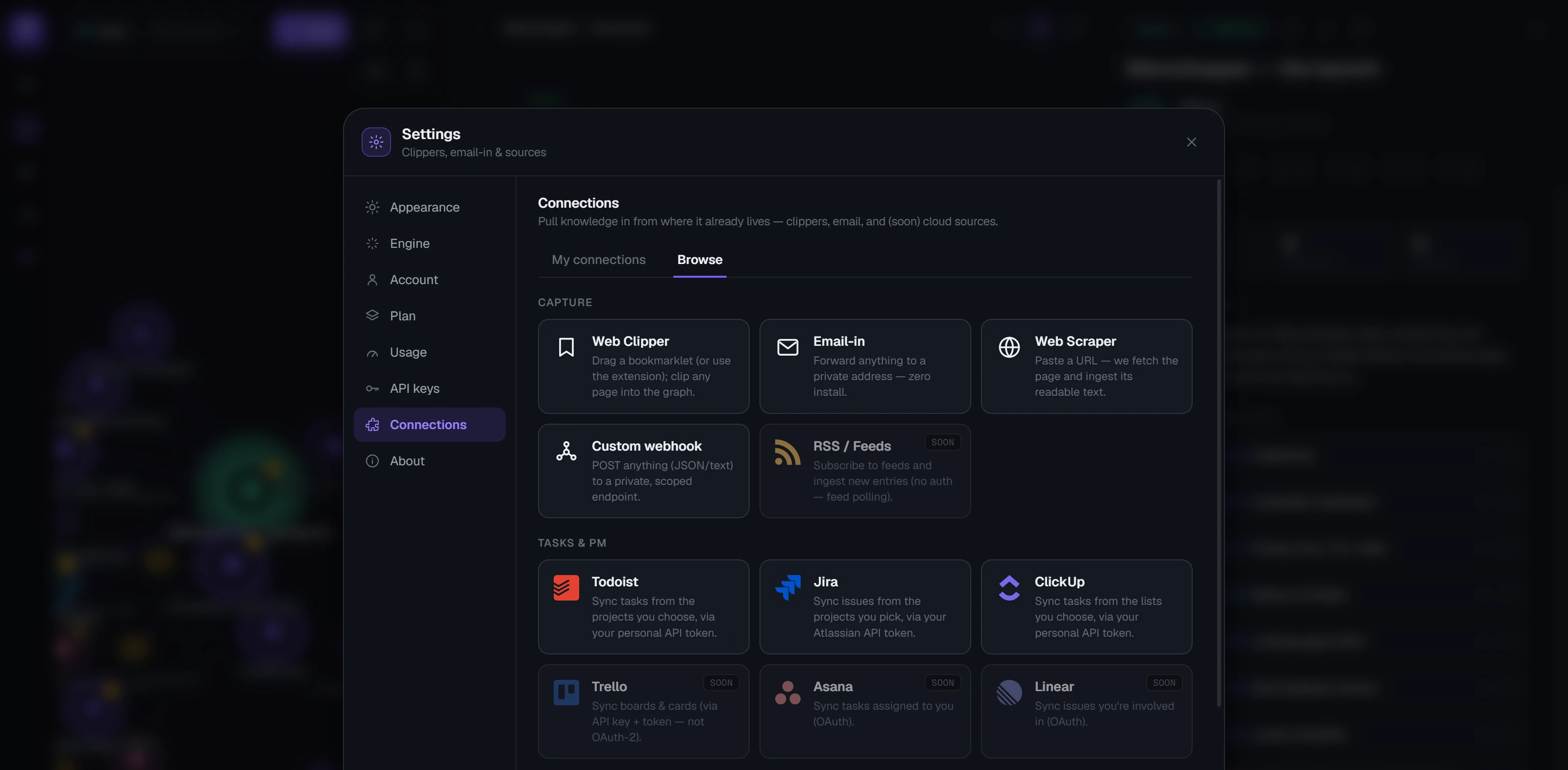 Memohopper's Connections catalog listing capture sources: Web Clipper, Email-in, Web Scraper, Custom webhook, Todoist, Jira, ClickUp, and more