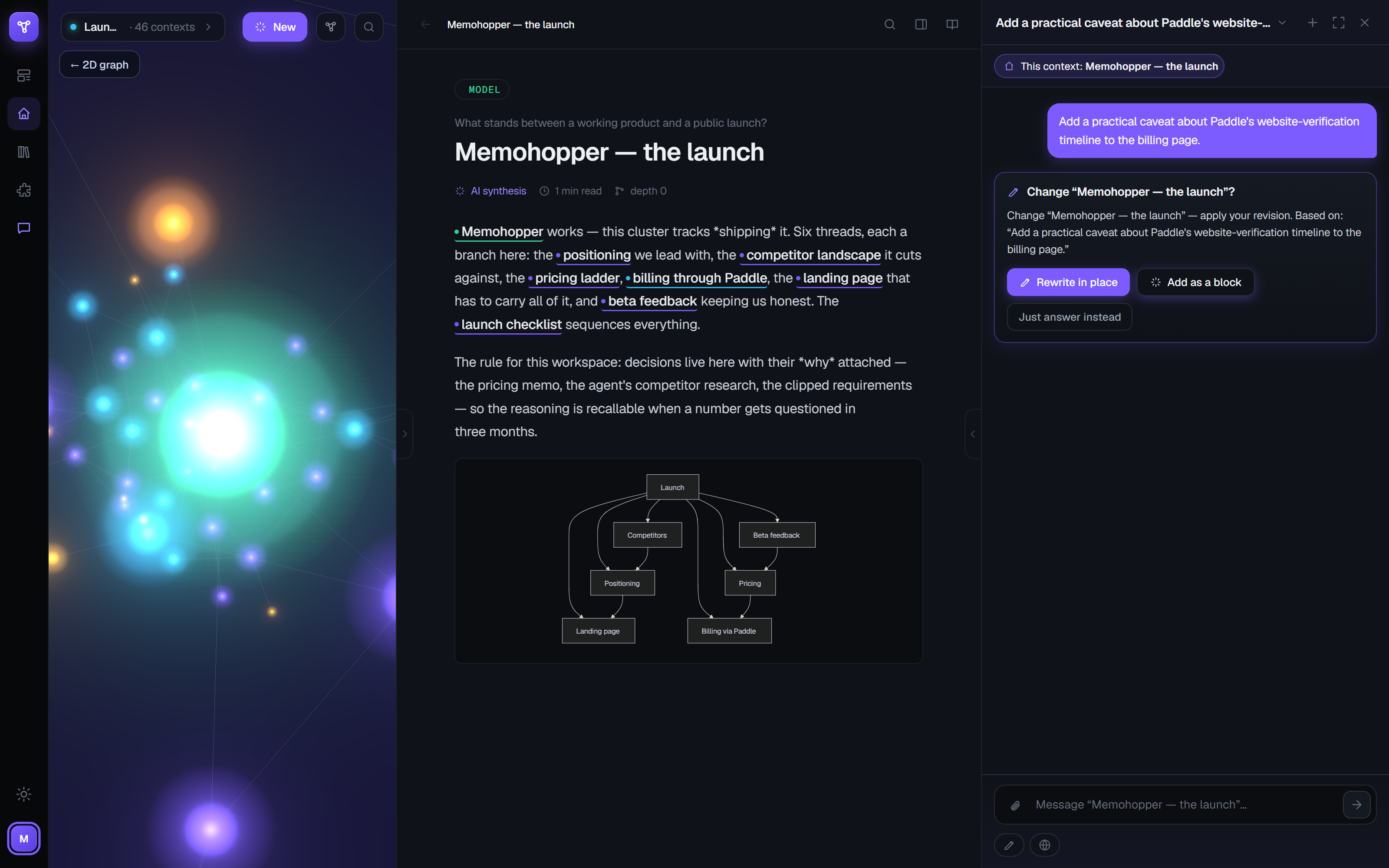 An edit proposal card in Memohopper chat titled 'Change Memohopper — the launch?' with buttons Rewrite in place, Add as a block, and Just answer instead