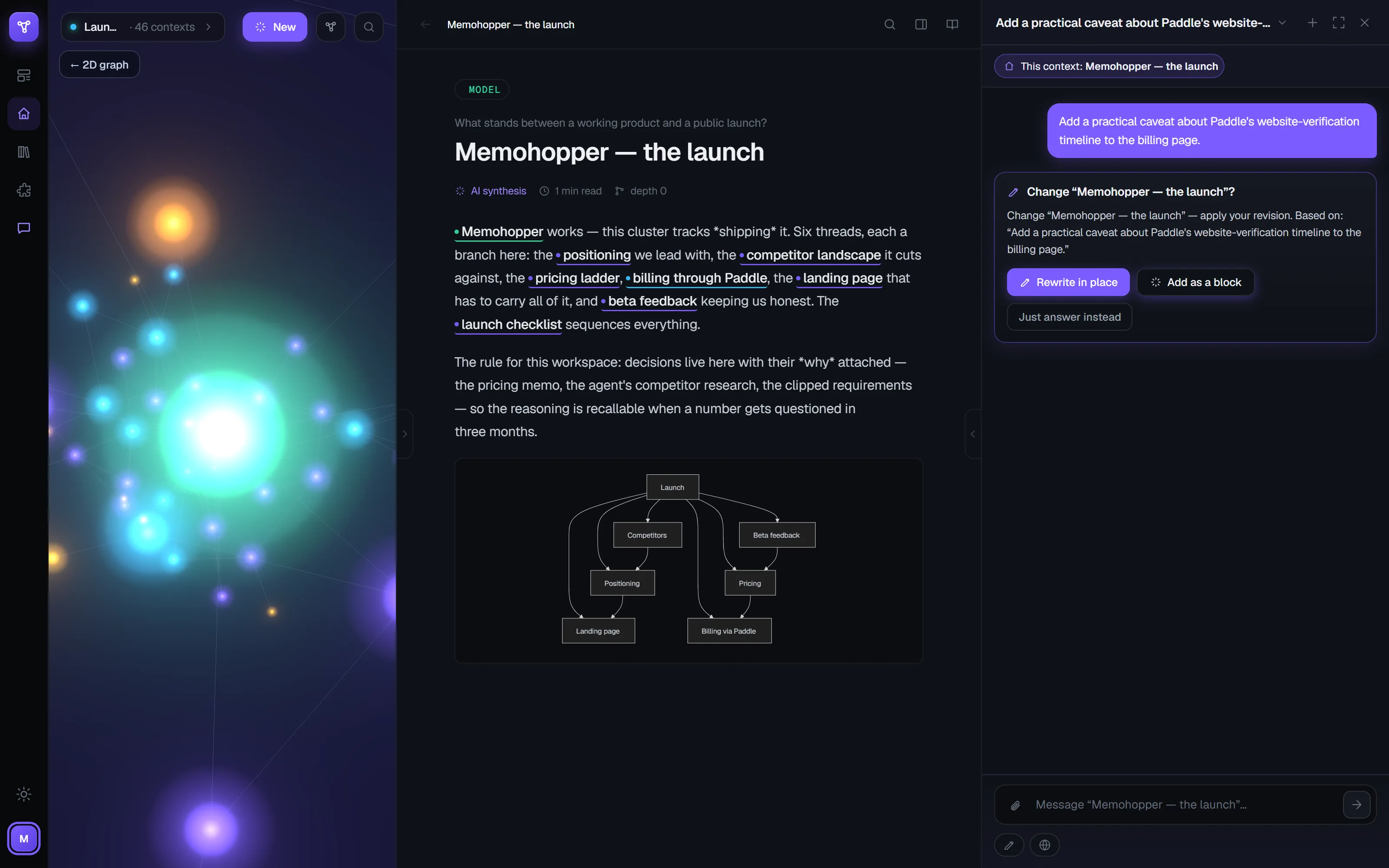 An edit proposal card in Memohopper chat titled 'Change Memohopper — the launch?' with buttons Rewrite in place, Add as a block, and Just answer instead